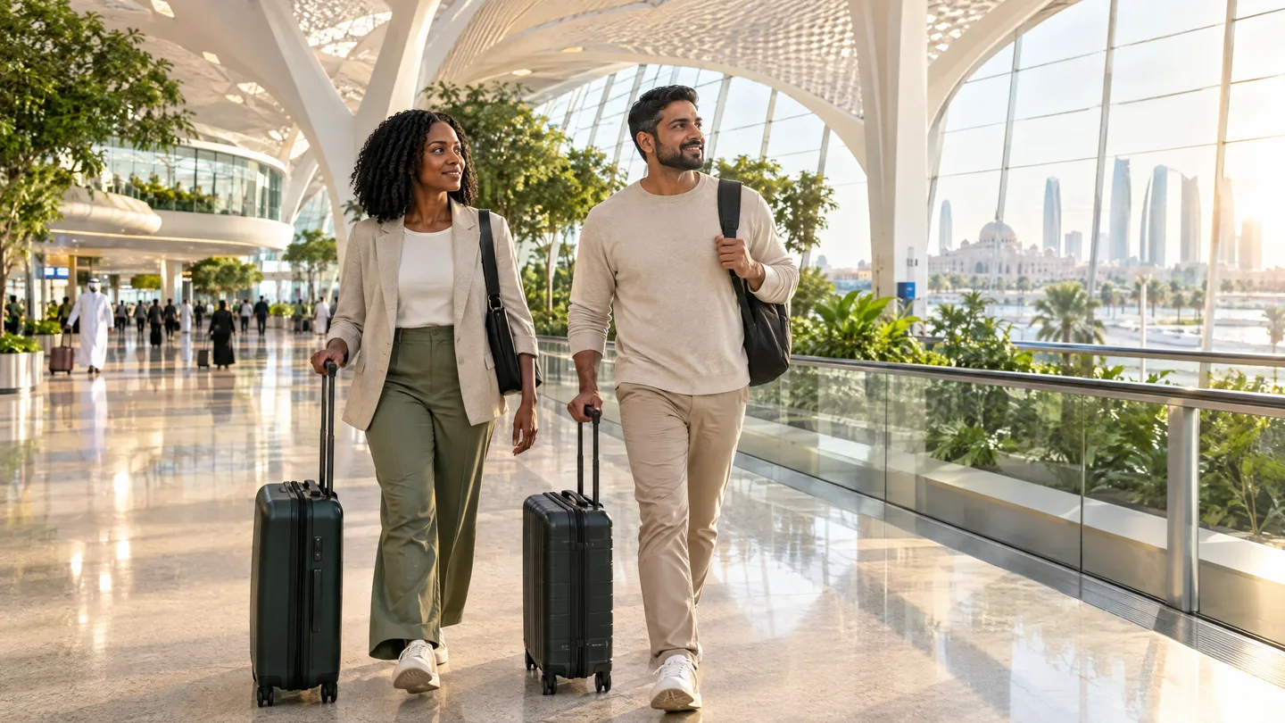 Illustrative professionals arriving with luggage in a modern airport