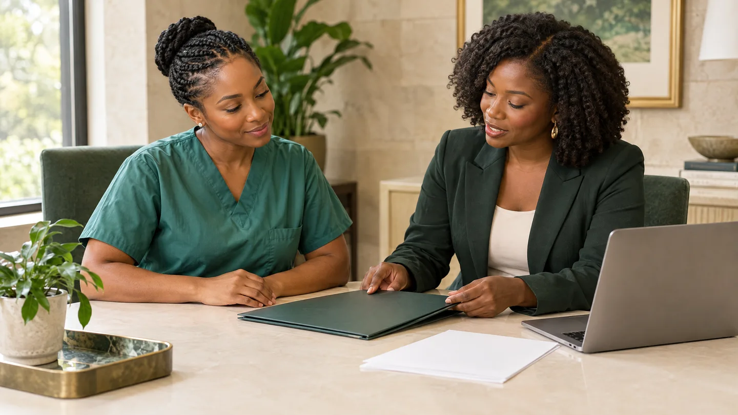 Illustrative healthcare professional preparing documents with an adviser
